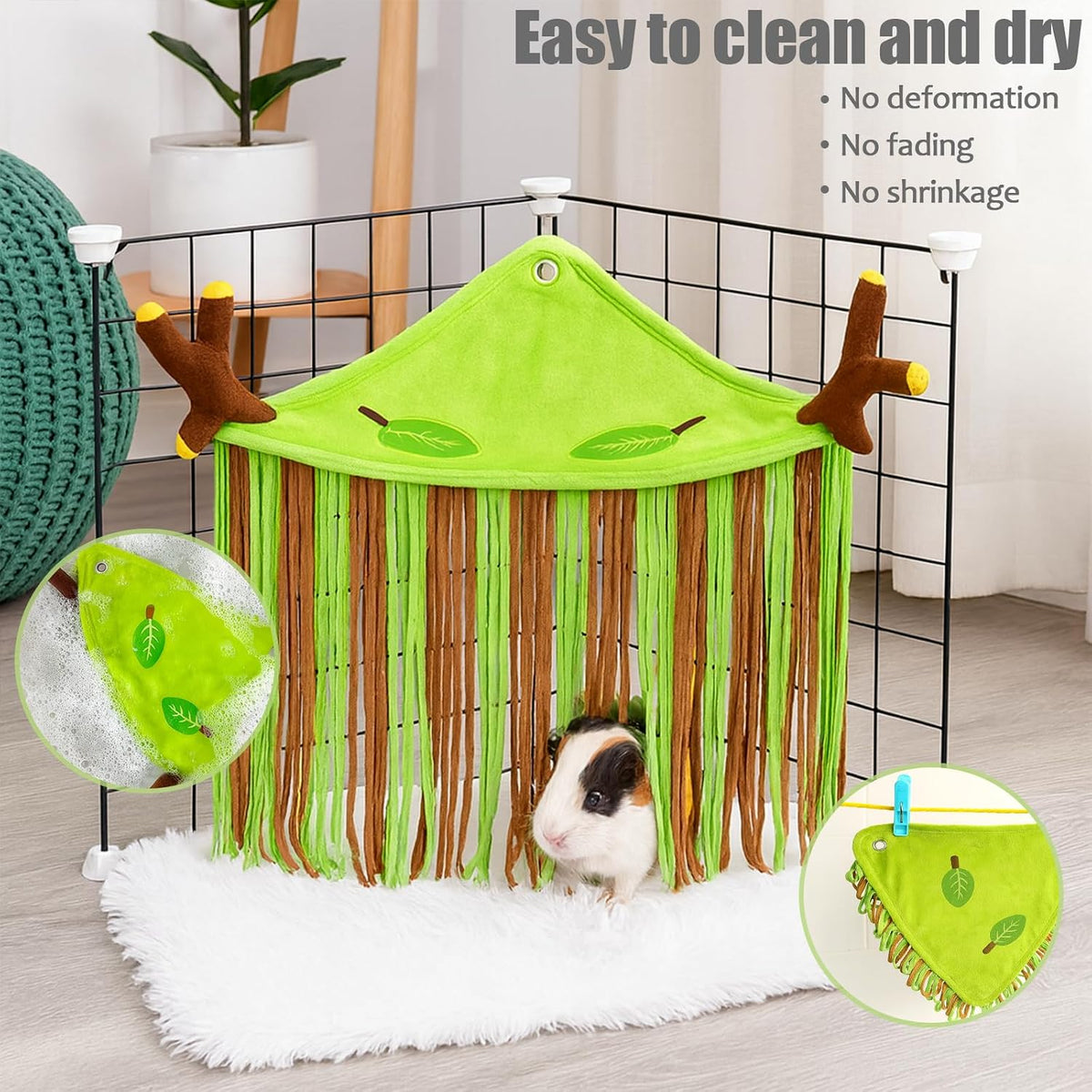 Guinea Pig Hideout Forest Fleece Corner Hideaway for Cage Accessories, Soft Fleece Tassel Hammock Tent for Small Animals, Bunny, Ferret, Chinchilla, Rat, Hedgehog, Dwarf Rabbit,Triangle