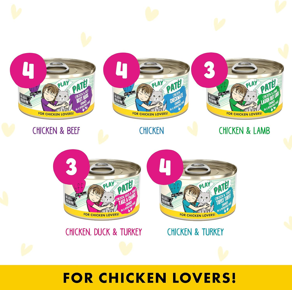 Weruva B.F.F. Play - Best Feline Friend Paté Lovers, Aw Yeah!, Fowl Play Yellow Patés Variety Pack, 2.8oz Can (Pack of 18)