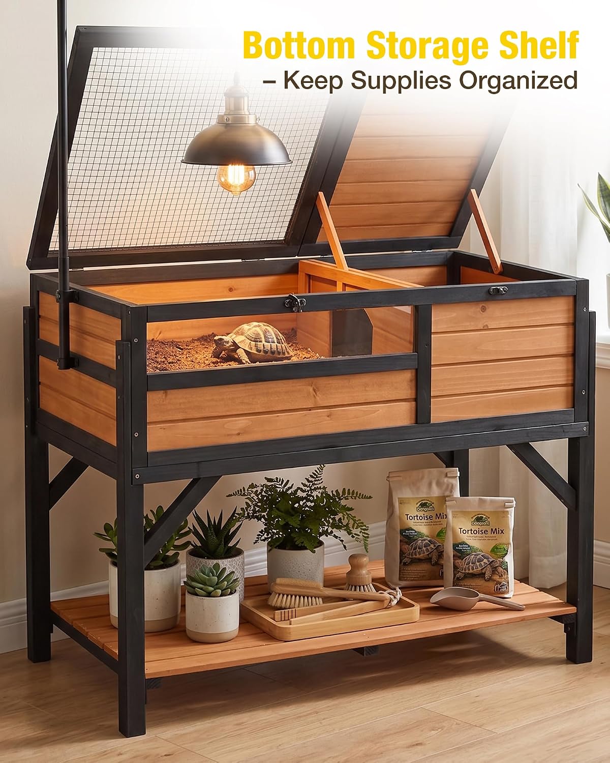 Wooden Tortoise Habitat with Detachable Legs & Adjustable Lamp Holder – Reptile Terrarium for Small Animals