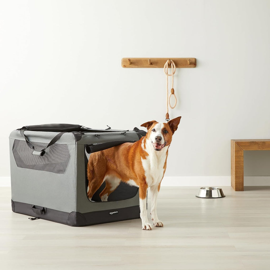 Amazon Basics Portable Folding Soft Pet Dog Crate Carrier Kennel for Large Dogs, Easy to Clean, 36 x 24 x 24 inches, Grey