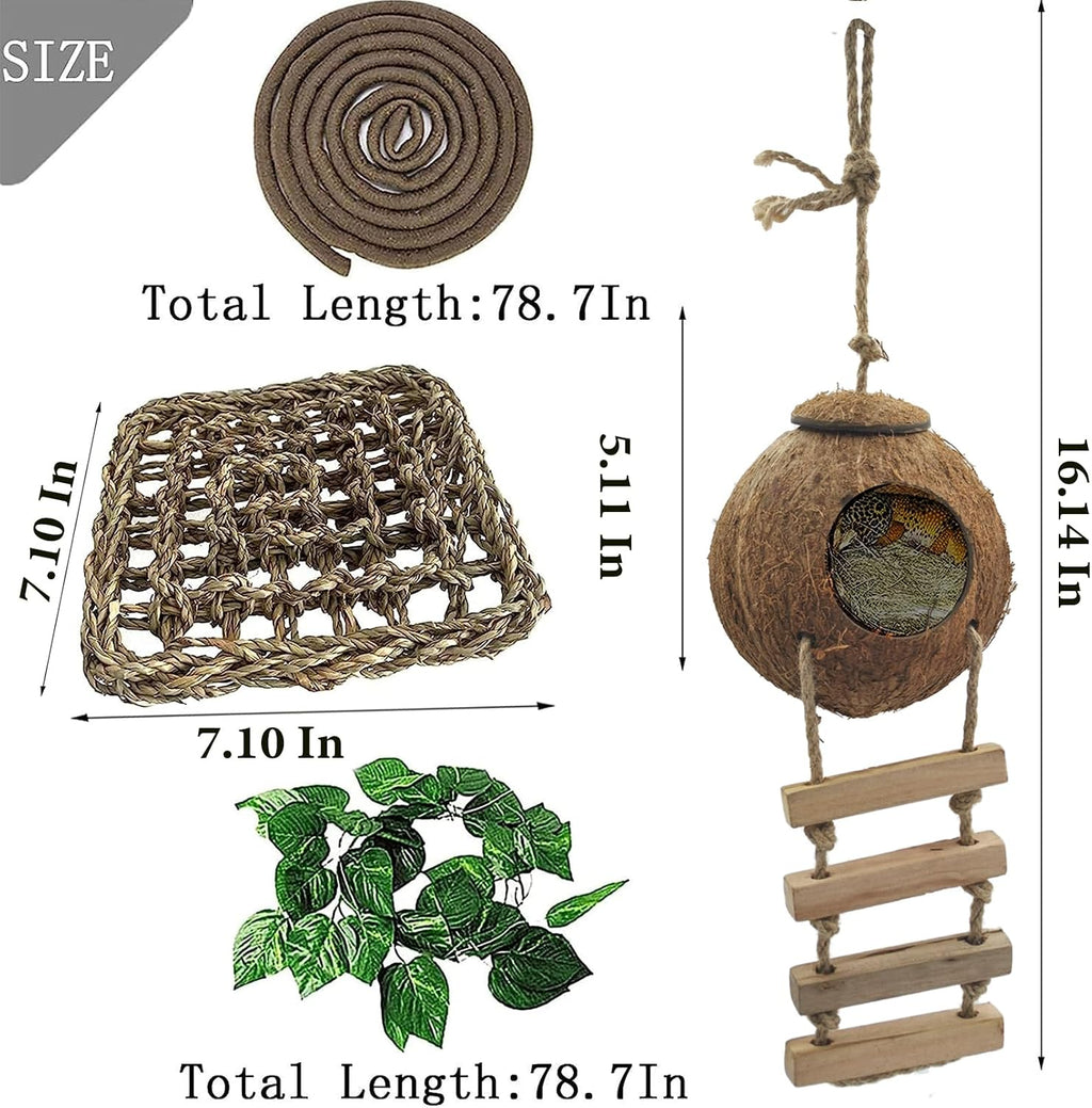 5PCS Coconut Hut for Gecko, Lizard Coco Den with Ladder and Reptile Hammock Bearded Dragon Tank Accessories Climbing Hanging Plants Jungle Vine Flexible Reptile Leaves Decor