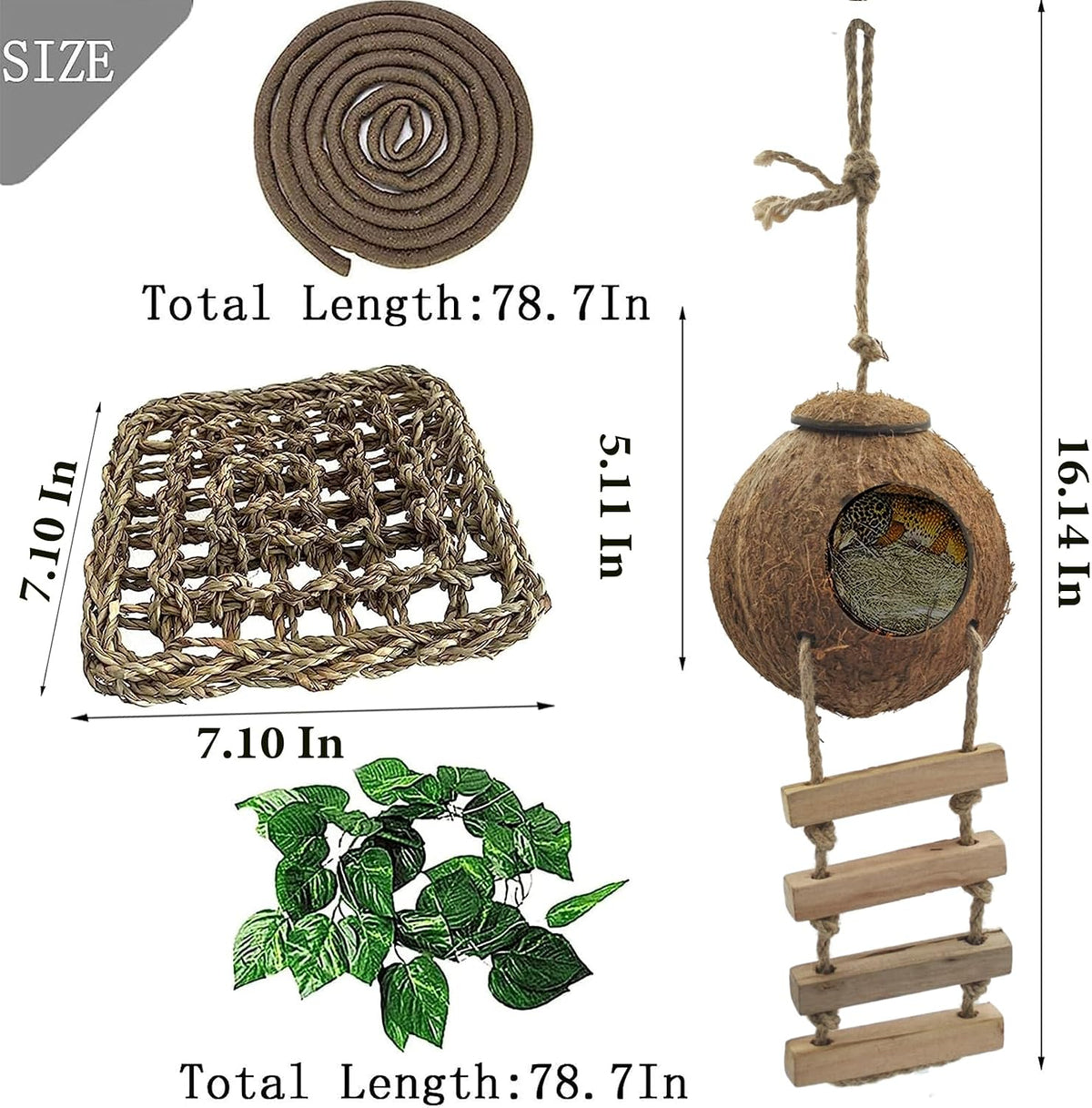 5PCS Coconut Hut for Gecko, Lizard Coco Den with Ladder and Reptile Hammock Bearded Dragon Tank Accessories Climbing Hanging Plants Jungle Vine Flexible Reptile Leaves Decor