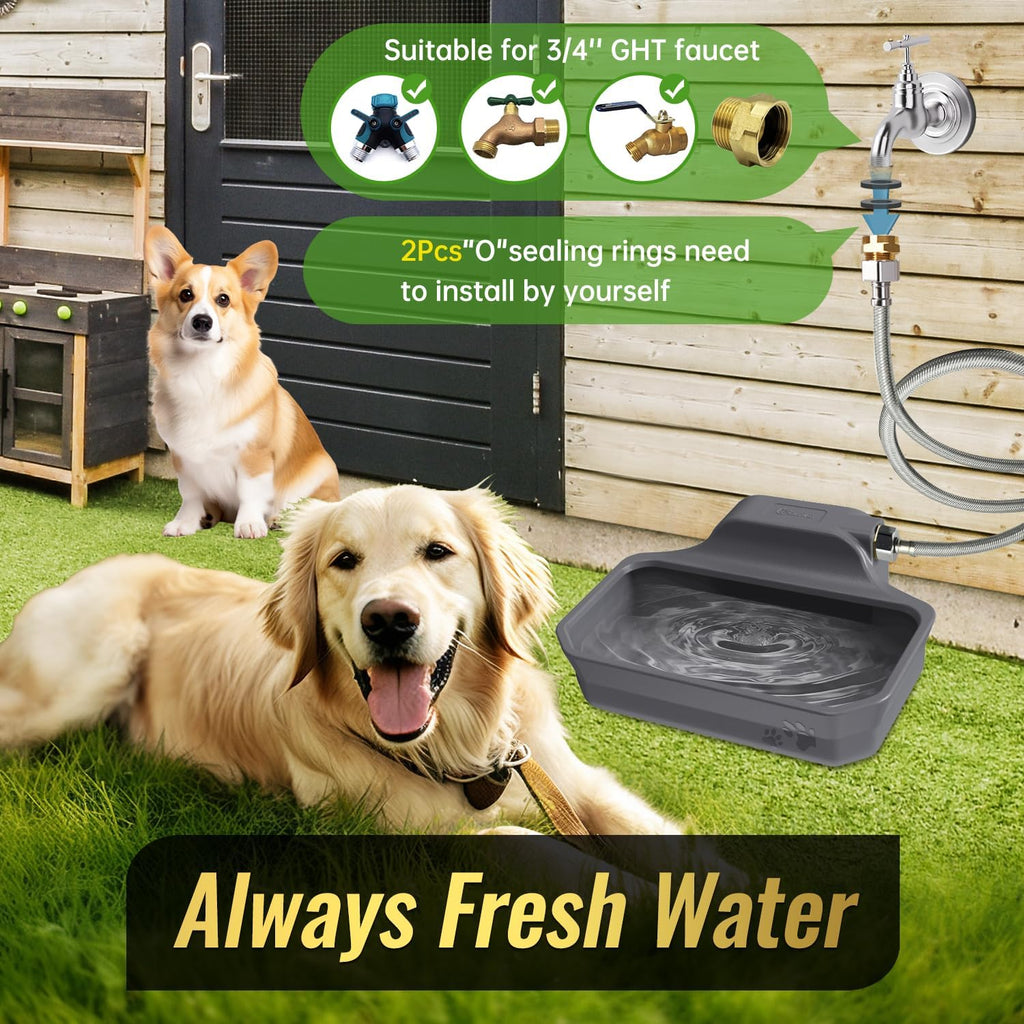 FICUSWIN 135OZ Automatic Water Dispenser for Large Dogs Patented Outdoor Dog Water Bowl Dispenser Automatic Dog Feeder Fit 3/4'' GHT Faucet Dog Waterer Include Water Hose Extra-Large Drinking Area