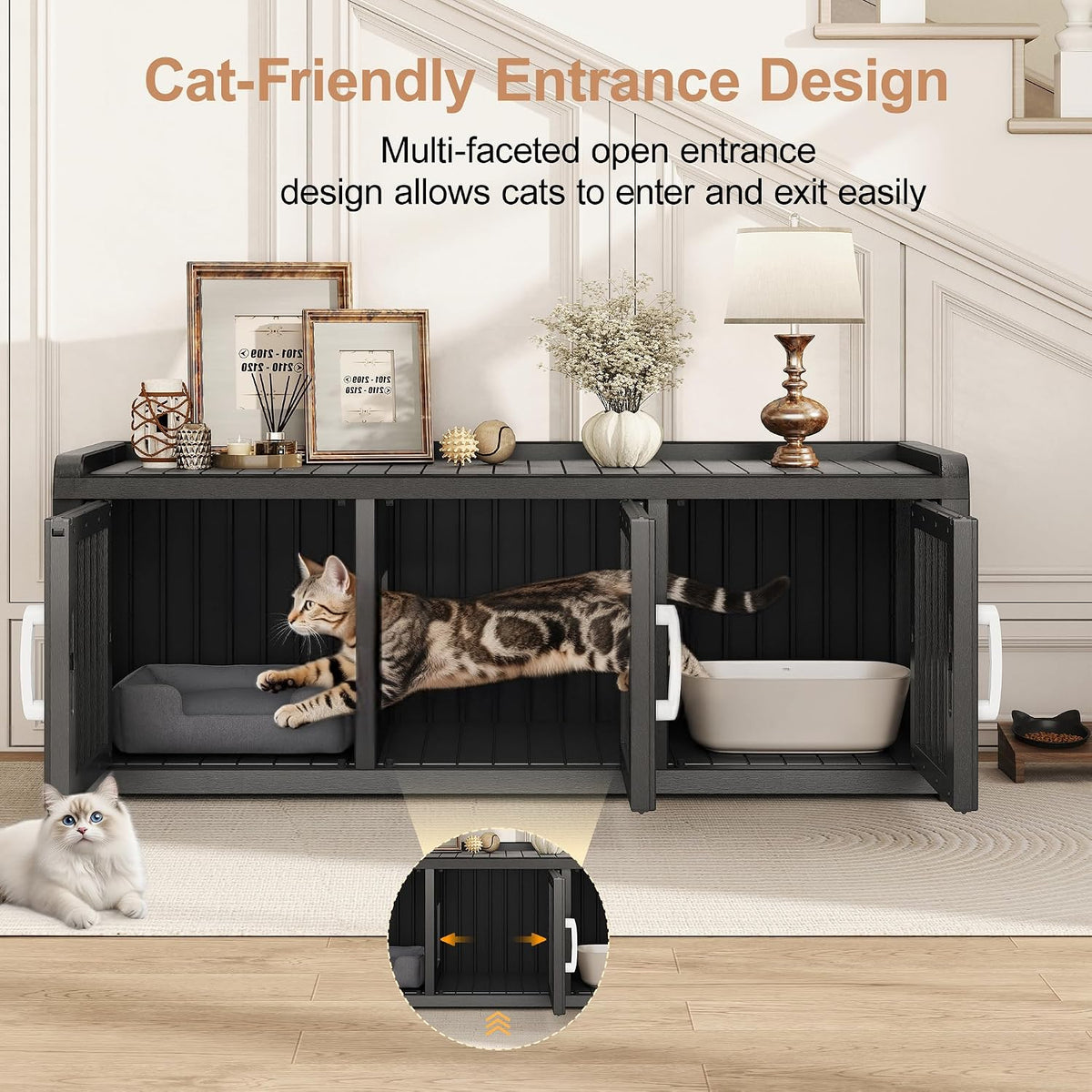 Cat Litter Box Enclosure, Hidden Cat Litter Box Furniture for 2 Cats, Resin Outdoor Cat Enclosure with Hidden Toilet, End Table, Fit Cat Litter Box, Black-Dual-Side Entry/exit