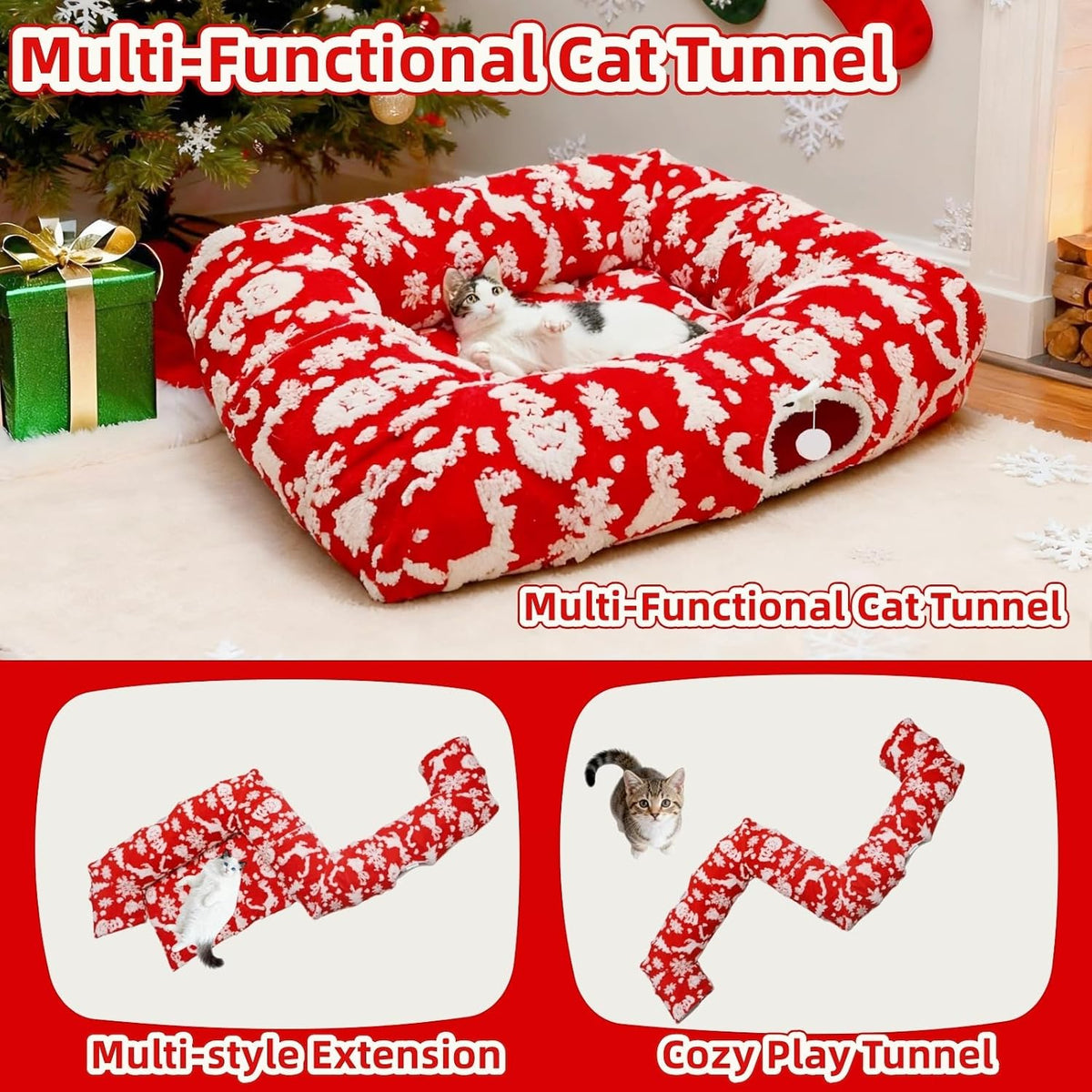 Extra Large Cat Tunnel Bed for Indoor Cats with Warm Mat,Cat Toys Cave Dount Tube for Xmas Decor Red