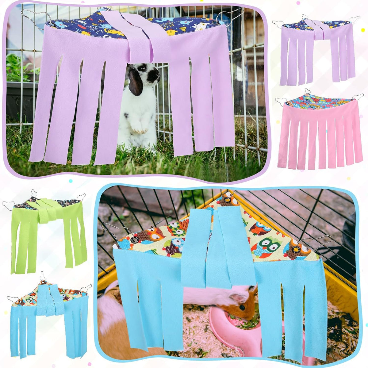 Geetery 4 Pcs Guinea Pig Hideout Small Animal Corner Fleece Hideaway Cute Ferret Hammock Cage Decor Accessories for Hamster Hedgehog Small Bunny Small Pets, 4 Styles