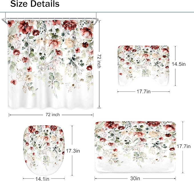 4 PCS Red Burgundy Floral Flower Shower Curtain Set 72Wx72H Inch Watercolor - Image 5