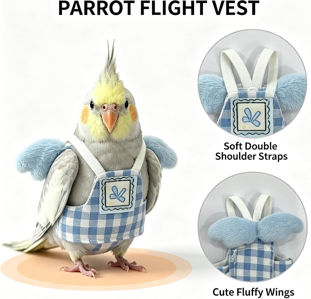 Dual-Use Bird Harness & Bungee Leash Set w/Wings, 3 Rings, Blue, Size S