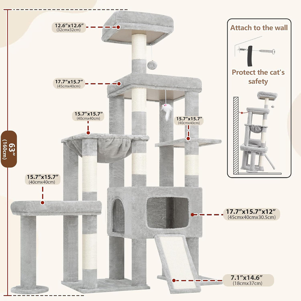 Gitelsnour 63'' Sturdy Cat Tree, Multi-Level Tower, Large Hammock, GCT805W