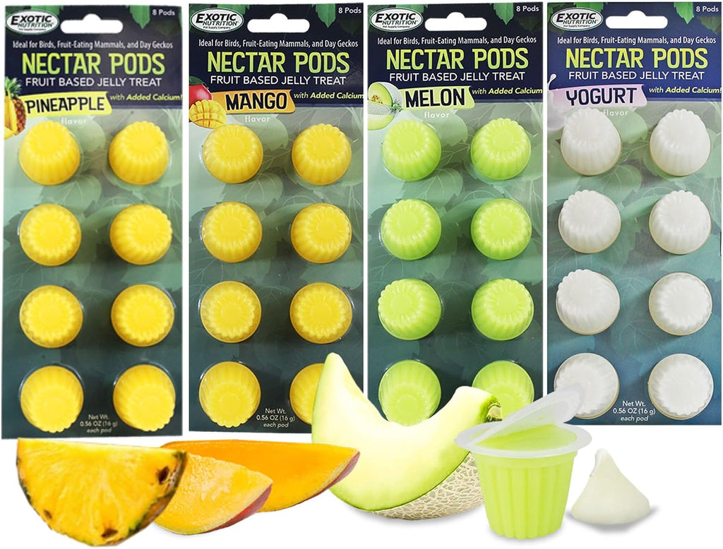 Nectar Pods (Variety 4 Pack) - Calcium-Fortified Jelly Fruit Treat - Sugar Gliders, Marmosets, Squirrels, Parrots, Cockatiels, Parakeets, Birds, Hamsters, Day Geckos, Kinkajous & Other Small Pets