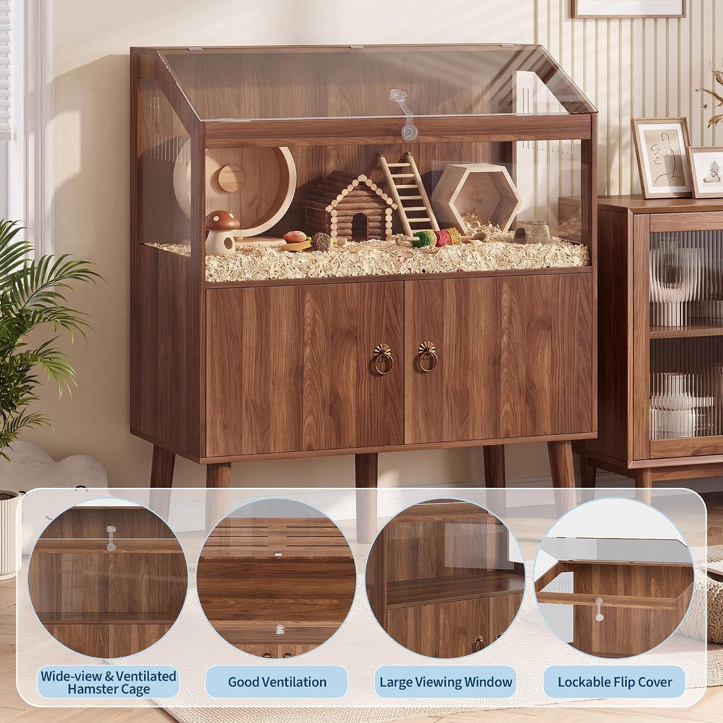 Patikuin Large Hamster Cage Enclosure, Acrylic Small Animal Habitat with Storage Stand, Lockable Top & Ventilation, for Hamster, Guinea Pig, Rat, Hedgehog, Gerbil, Walnut