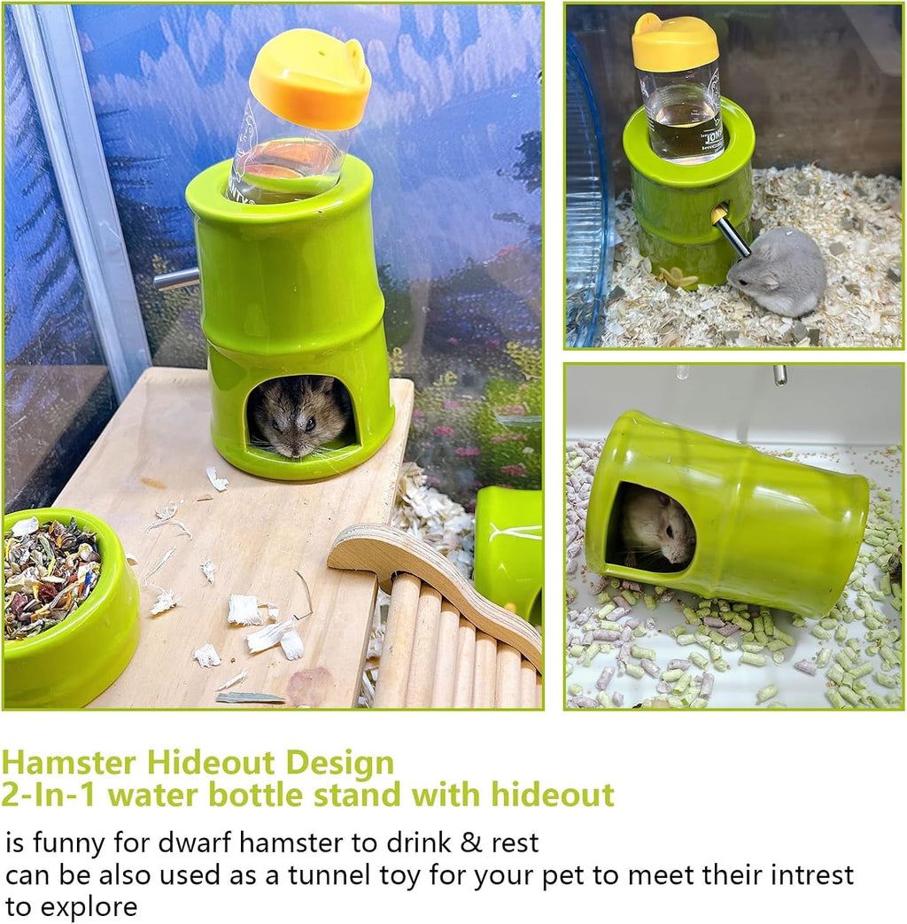 Hamiledyi Ceramic Hamster Hideout Food Bowl Water Bottle Stand Holder Syrian House and Habitats Hide Hut Decor for Mice Dwarf Hamster Gerbil