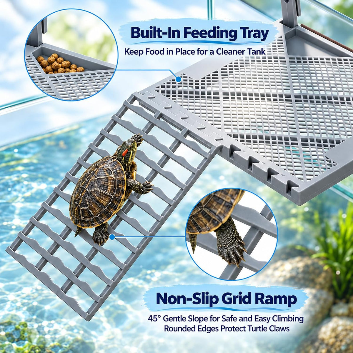 Turtle Basking Platform with Ramp & Food Tray, Adjustable Height