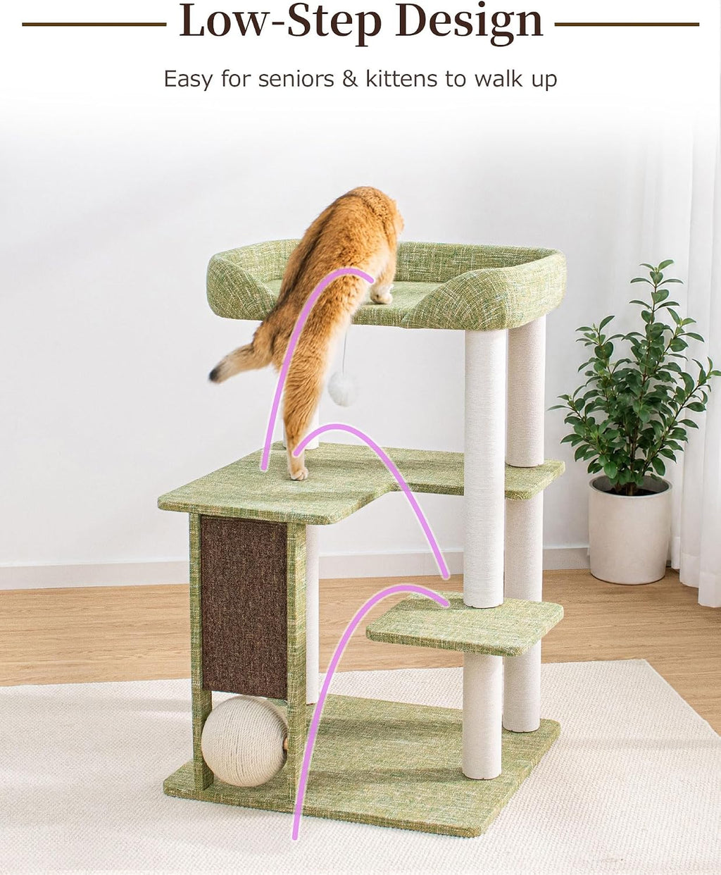 37.5" Cat Tree for Large & Senior Cats with Low Step & Sisal Board