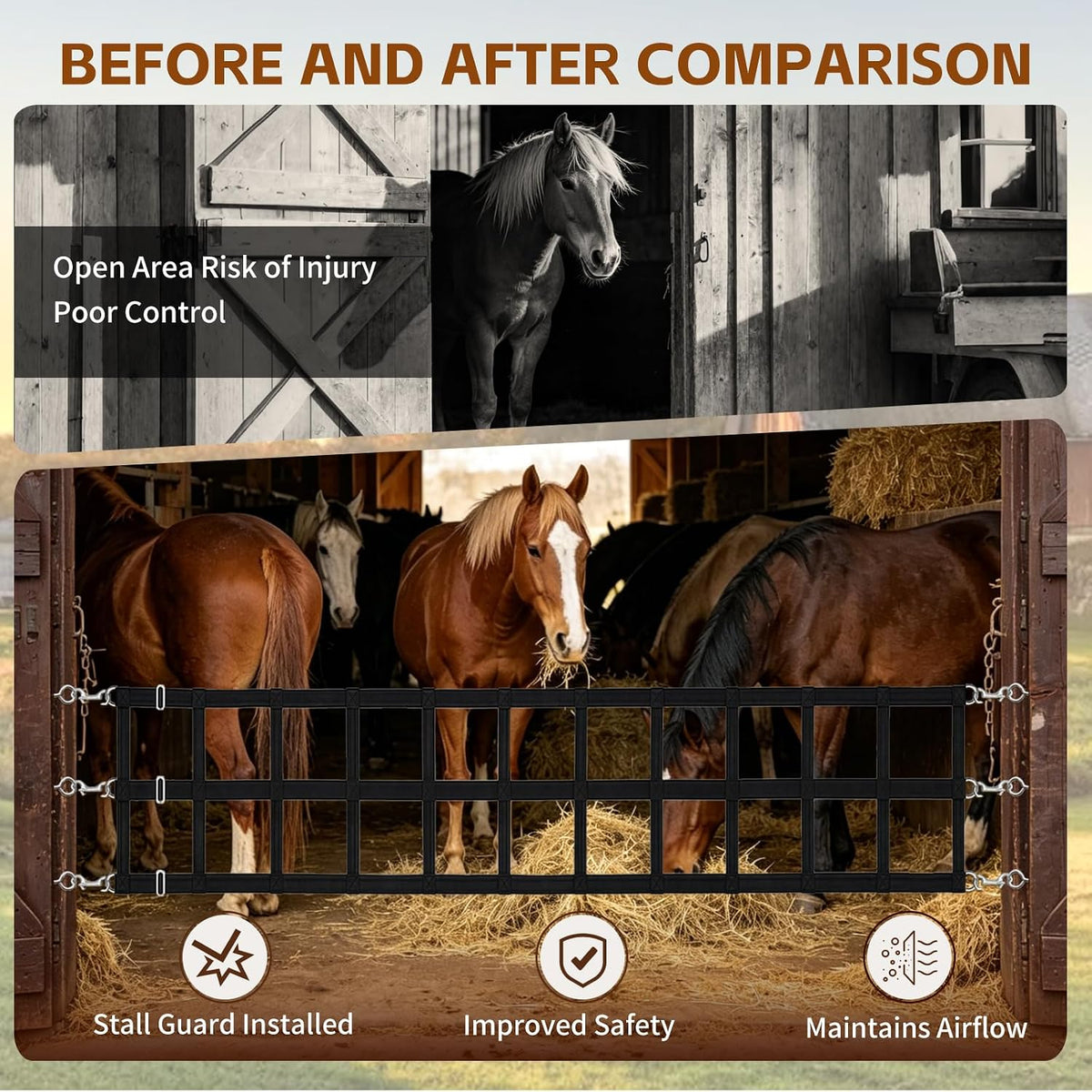 Horse Stall Guards with Adjustable Straps, High Tenacity Nylon Barn Door Guards with Screw Eyes and Open-End Snaps for Barn Ventilation & Safety, 20''H x 12'L, Black