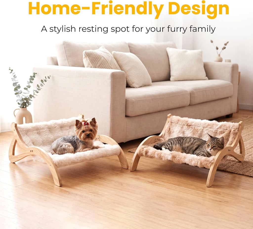 Elevated Cat Bed for Indoor Cats, Cute Paw-Shape Cat Hammock Couch with Cozy Washable Cushion, Solid Wood Pet Furniture for Kitty, Puppy & Bunny (Soft Cream)
