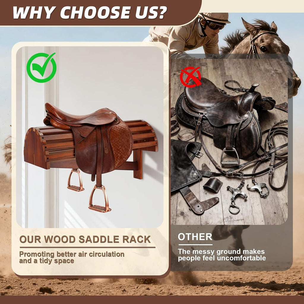 Wall-Mounted Wood Saddle Rack – Space-Saving Design with Reinforced Crossbars, Non-Abrasive Surface, Heavy-Duty Storage for Tack Room Organization, 23.6"x11.9"x13.3"