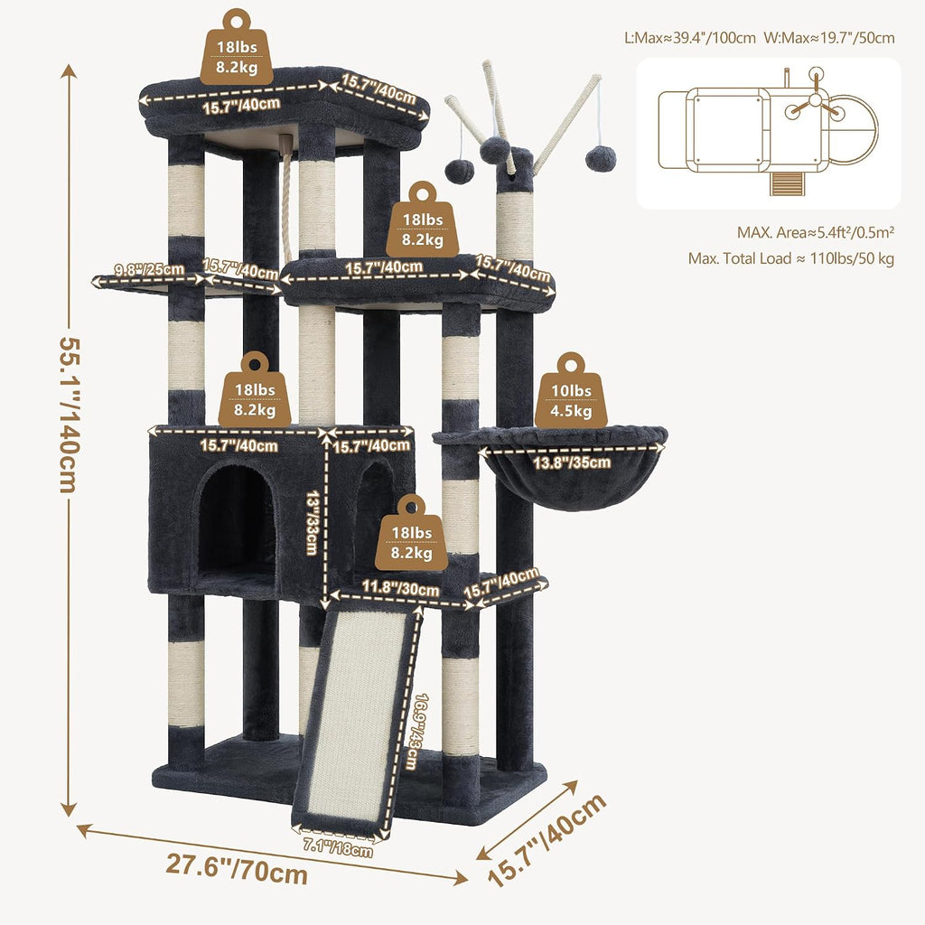 Heybly 55.1" Cat Tree with Stable Double Platforms for Indoor Cats HCT053G
