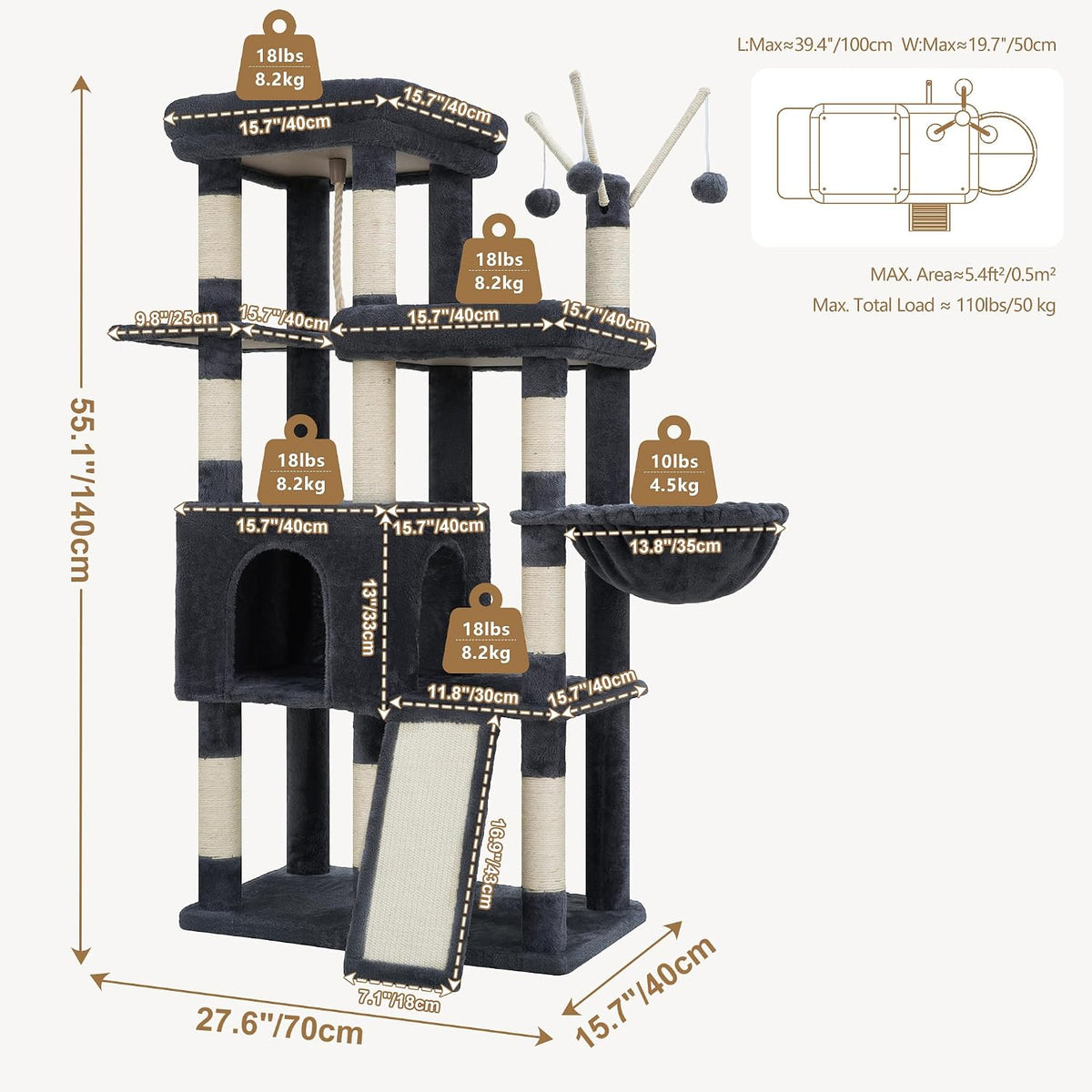 Heybly 55.1" Cat Tree with Stable Double Platforms for Indoor Cats HCT053G