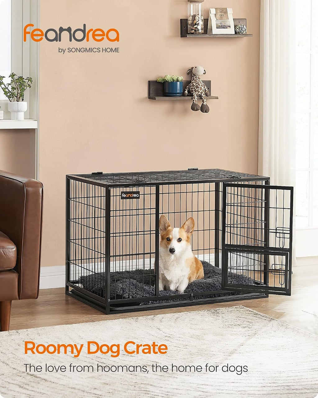 Feandrea 36.4" Heavy-Duty Dog Crate, Convenient Feeding Door, Double Doors