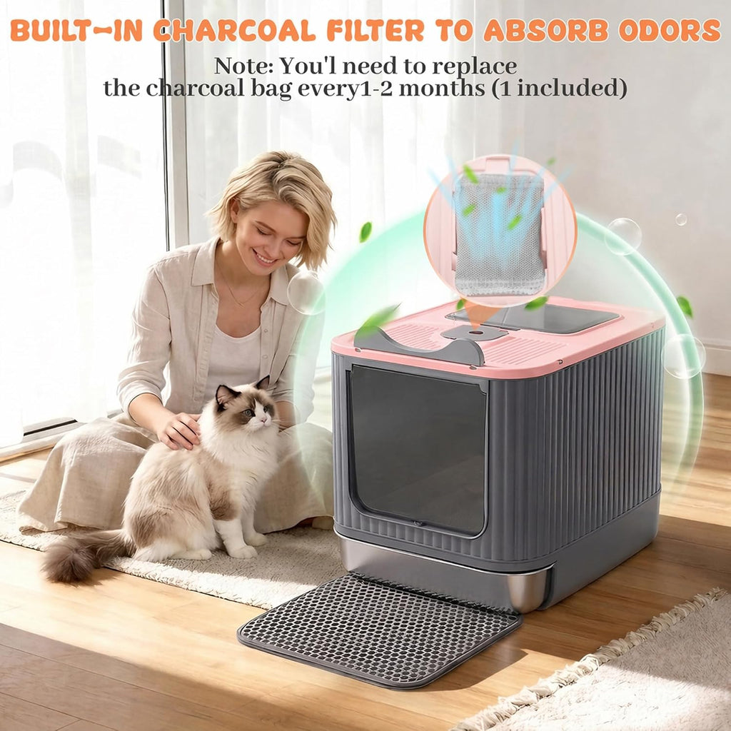 Stainless Steel Cat Litter Box Enclosed, Small, Dual Entry, Pull-Out Tray