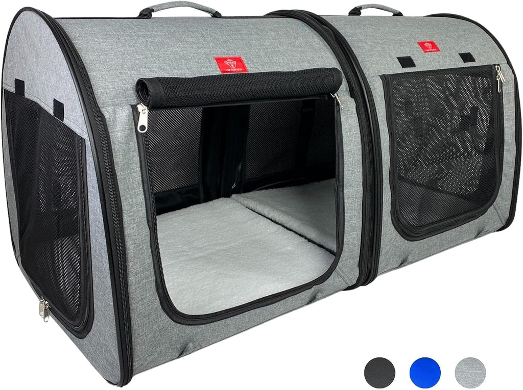 One for Pets Portable 2-in-1 Double Pet Kennel/Shelter, Fabric, Black/Royal Blue 20"x20"x39" - Car Seat-Belt Fixture Included (Black)