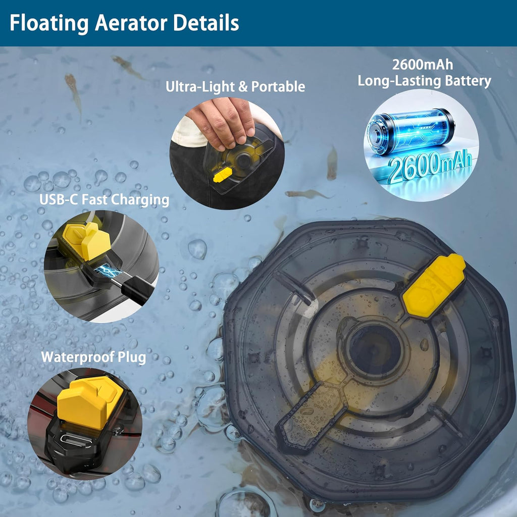 Rechargeable Floating Aerator Pump - IPX7 Waterproof Portable Bait Bucket Aerator, Live Bait Aerator for Fishing, 40H+ Battery for Power Outage, Fish Tank Bubbler for Live Minnows