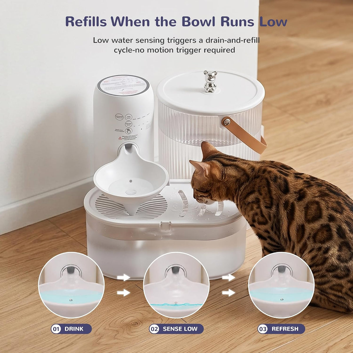 Filterless Cat Water Fountain, Low-Water auto-Refill, Cordless, 3L