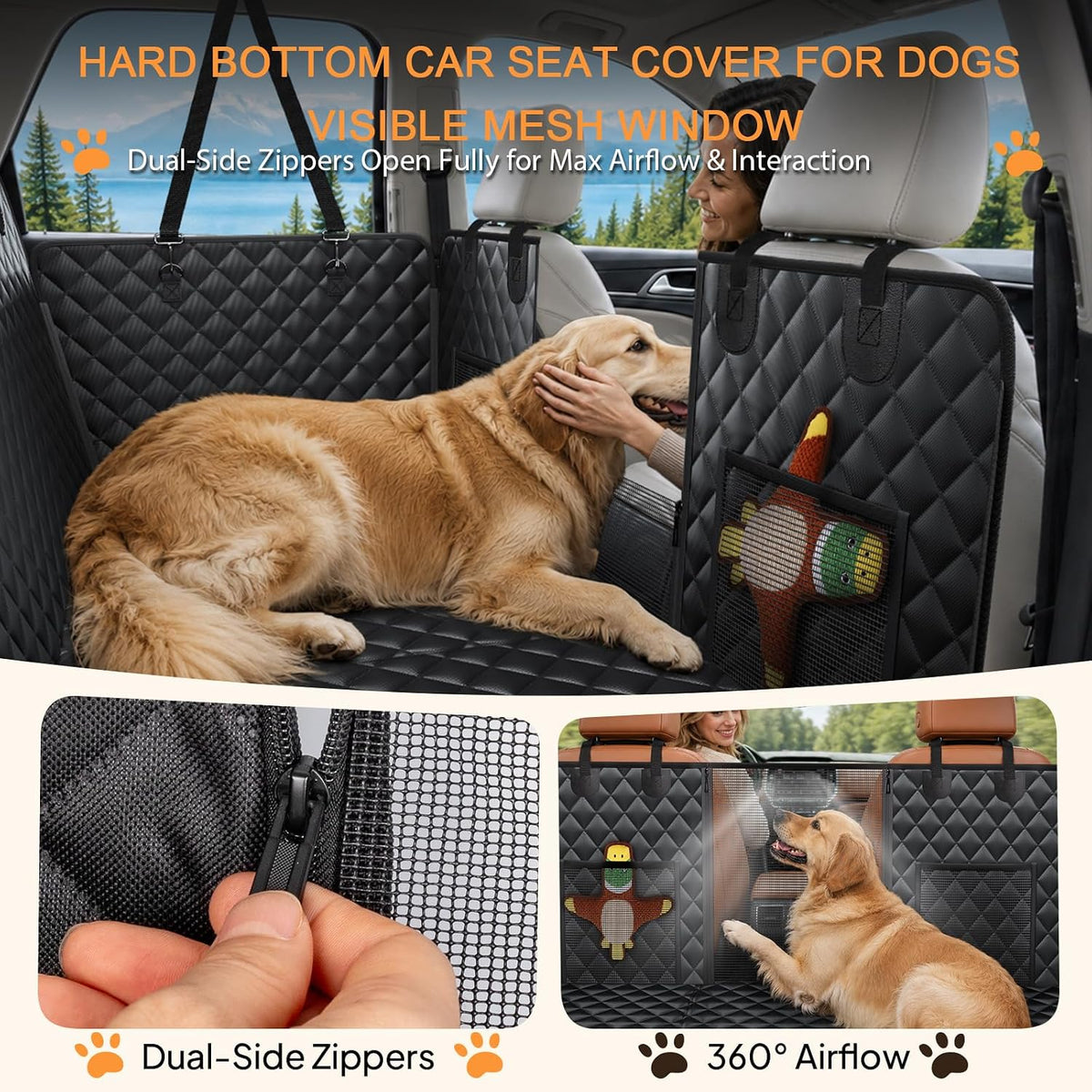 Hard Bottom Dog Car Seat Cover, Back Seat Extender for Dogs Holds 500lbs