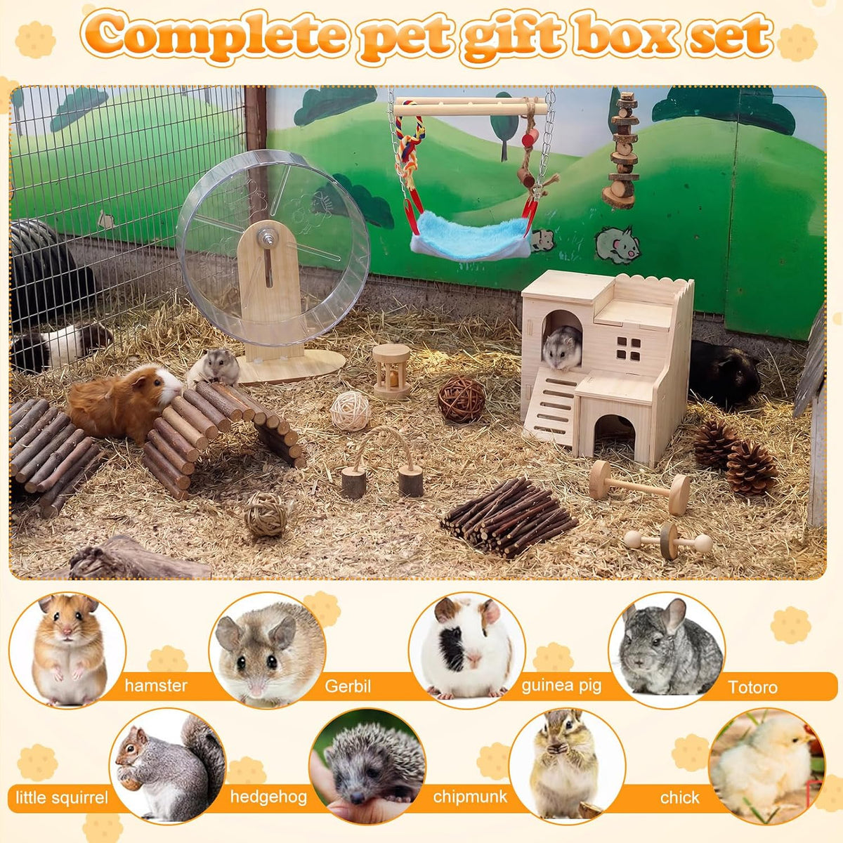 15 Pcs Hamster Cage Accessories Set, Wooden Hamster House, 9.45 Inch Silent Running Wheel, Swing, Tunnel, Chew Toys & Hideout for Dwarf Hamsters, Gerbils, Syrian Hamsters Animals Habitat