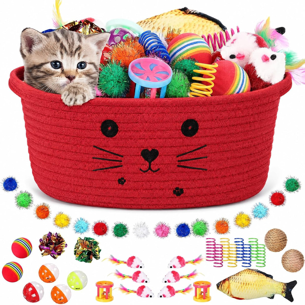 Zopeal 58 Pcs Cat Toy Set with Storage Basket Indoor, Dark Brown, 12 Inch