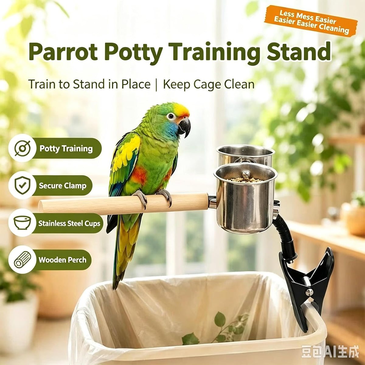 Bird Stand Parrot Perch Clip, Parrot Training Perch with Two Stainless Steel Cup, Portable Natural Wood Bird Happy Toy for Budgies, Cockatiels, Conures, Monk Parakeets, Lovebirds