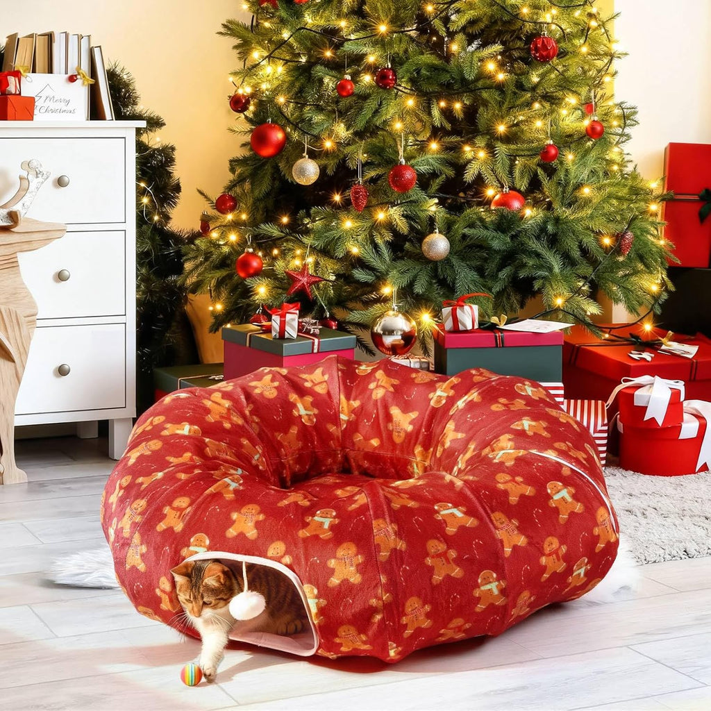 Cinnvoice Christmas Cat Tunnel Bed Fluffy Circular Dog Bed for Christmas Tree Warm Gingerbread Man Cat Cave with Hanging Ball Big Tube Playground Pet Toys for Indoor Kitten Puppy Rabbit Ferret