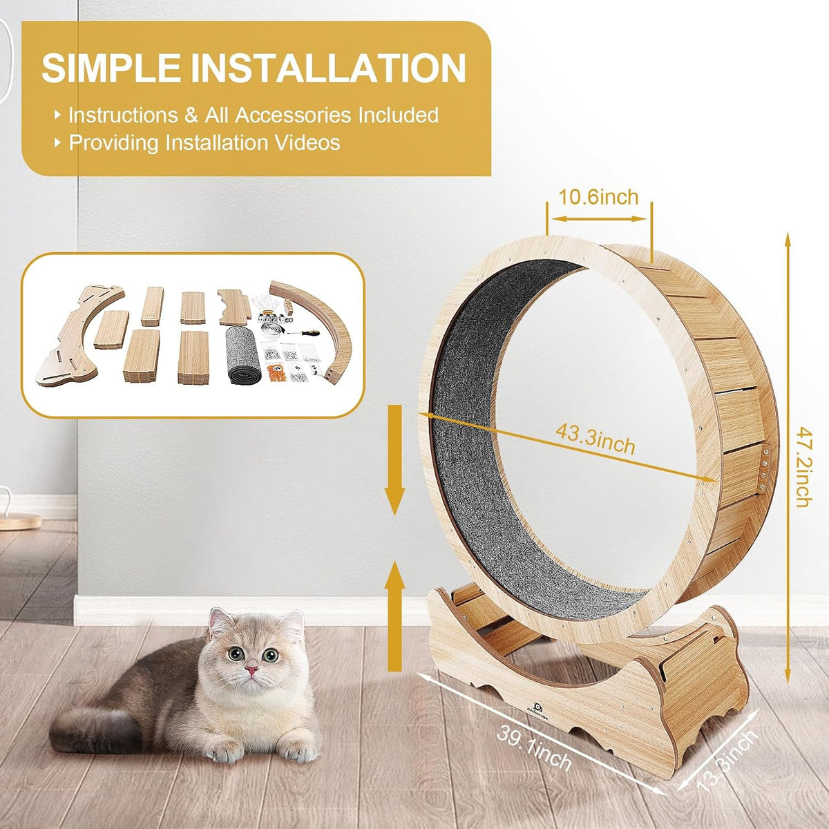 Cat Wheel, 46" XL Large Exercise Running Wheels with Detachable Carpet for Indoor Cats