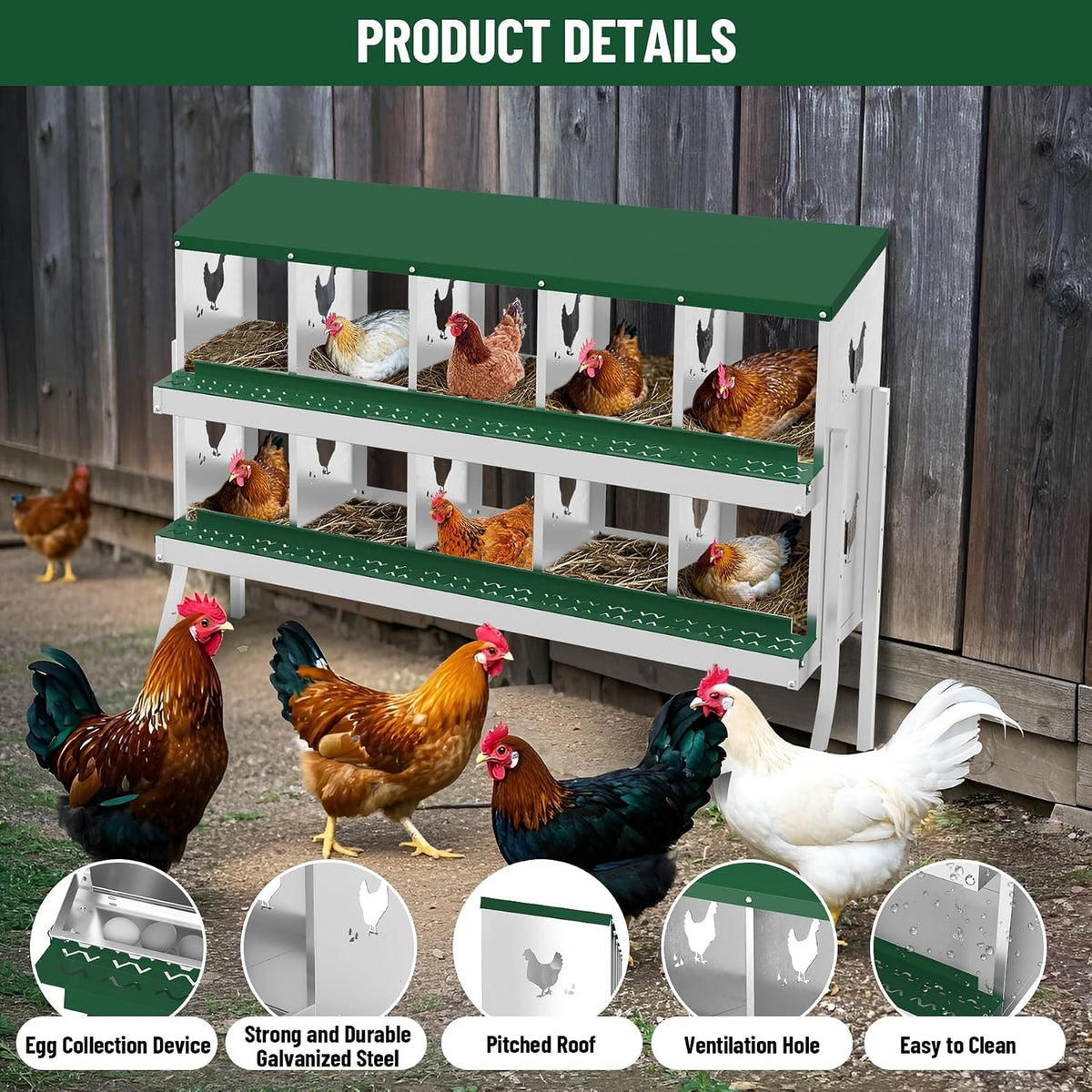 Chicken Nesting Box, 10 Holes Nesting Boxes for Chicken with Bracket Legs, Easy Egg Collection, Easy Cleaning, Chicken Laying Boxes for Chicken Coop Hens, Green