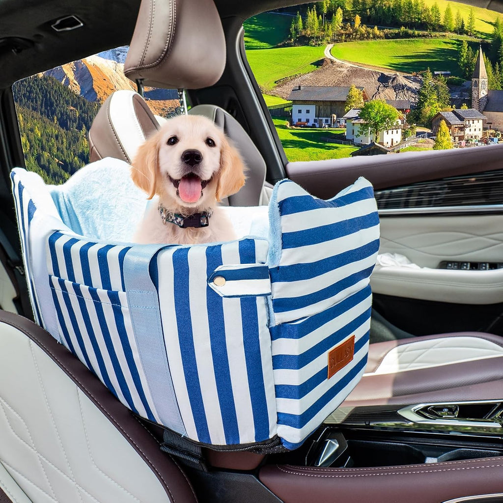 Console Dog Car Seat for Small Dogs to 15lbs (Blue& White Stripes)