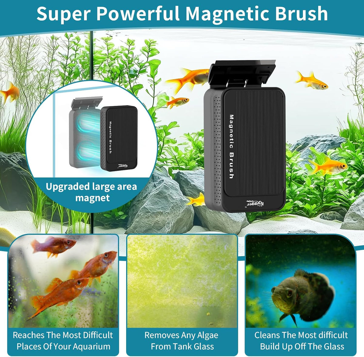 hygger Aquarium Magnet Glass Cleaner, Magnetic Fish Tank Cleaner with 2 Blades For Glass and Acrylic Aquariums, Aquarium Algae Scraper with Super Strong Magnet for Fish Tanks 0.3-0.6Inch Thickness (L)