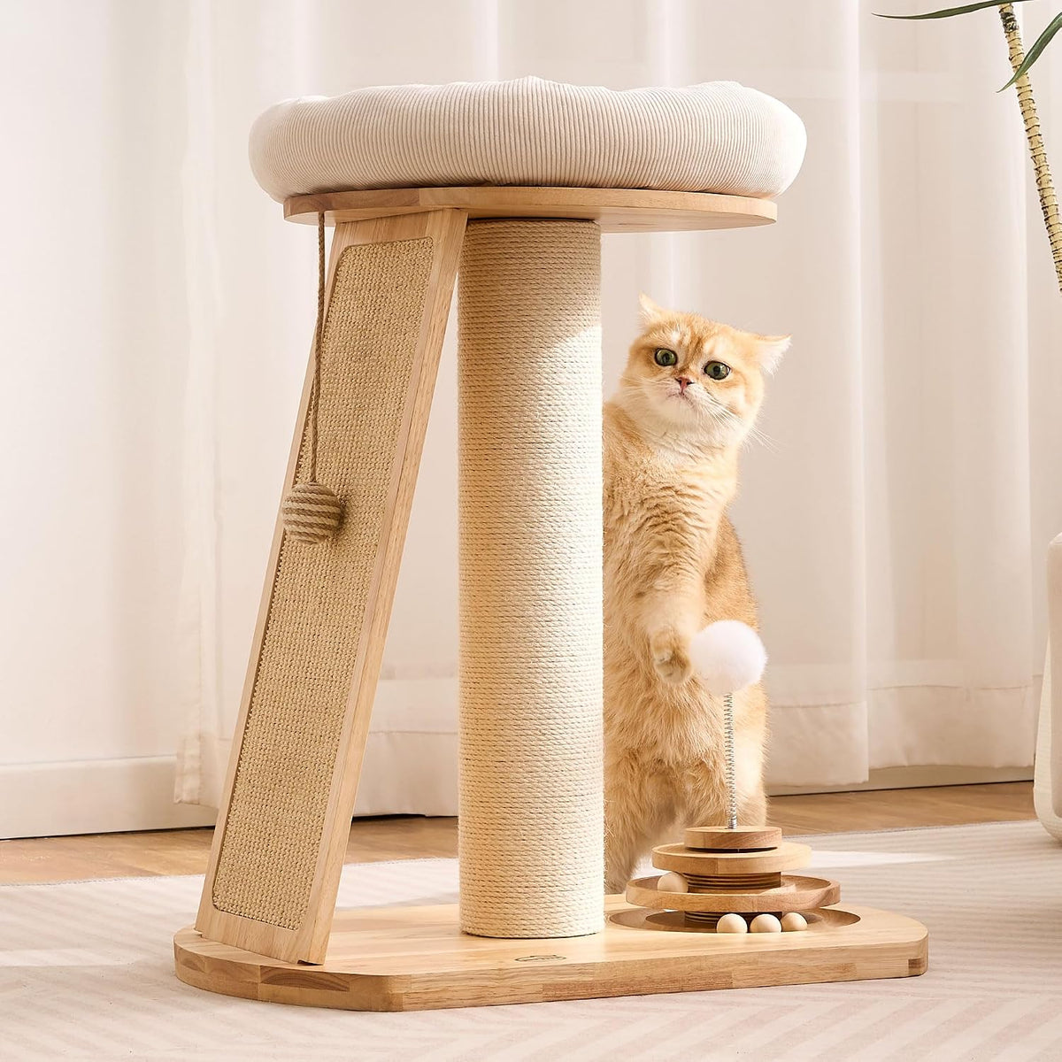 Solid Wood Cat Tree Tower, Cat Scratching Post with Bed, 27" Small Cat Tree, Compact Cat Tower with Scratching Pad and Removable Cat Bed, Modern Cat Tower for Indoor Cats Large Adult.