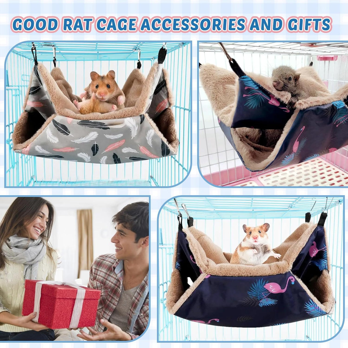 LYART 2 Pieces Guinea Pig Rat Ferret Hammocks and Warm Beds for Small Animals Pet, Squirrel Rat Ferret Cage Accessories and Toys for Sugar Glider Guinea Pig Hamster (1.Flamingo+Feather)