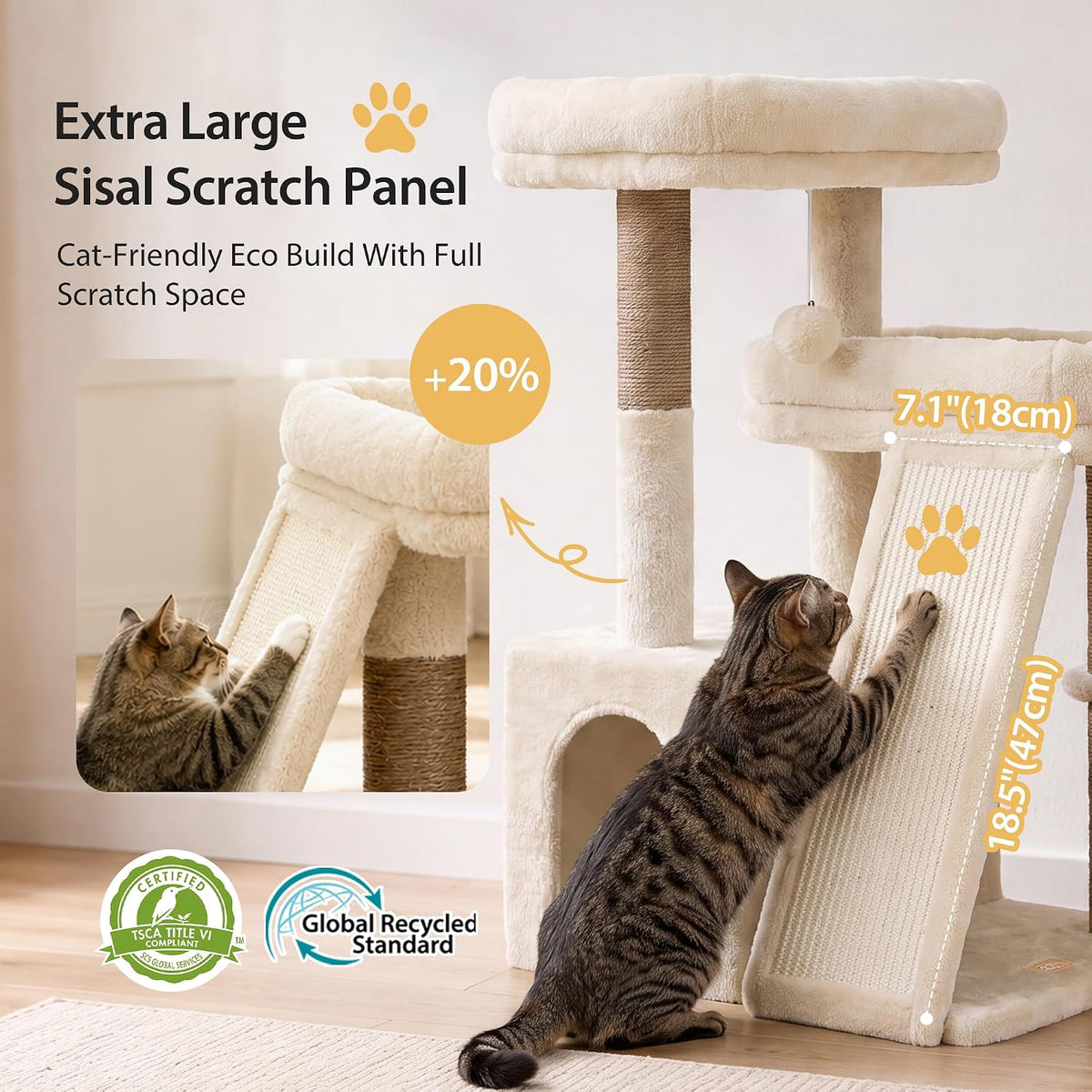 Heybly Compact Cat Tree with Big Scratcher, Stable Cat Tower HCT206SMJ