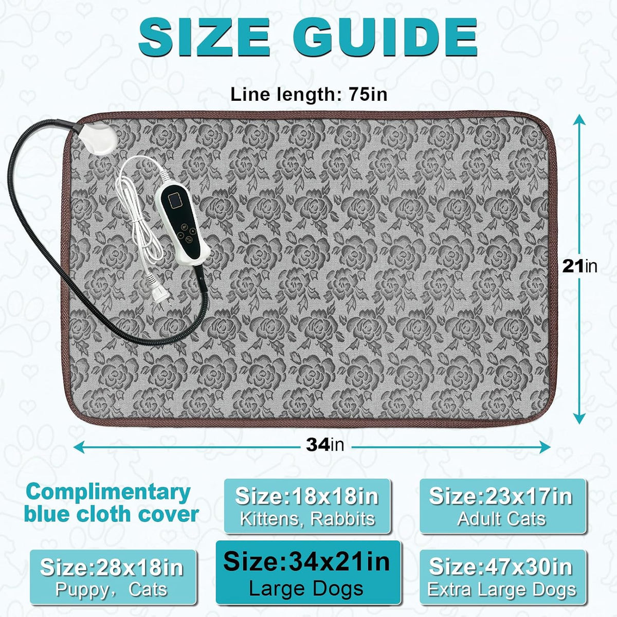Large Dog Heating Pad for Dogs, Pet Heating Pad Electric, Waterproof, Heated Dog Bed with Timer, with Smart Thermostat Switch, Add Wire Rope with Blue Fabric Cover (Rose, 34x21 in)
