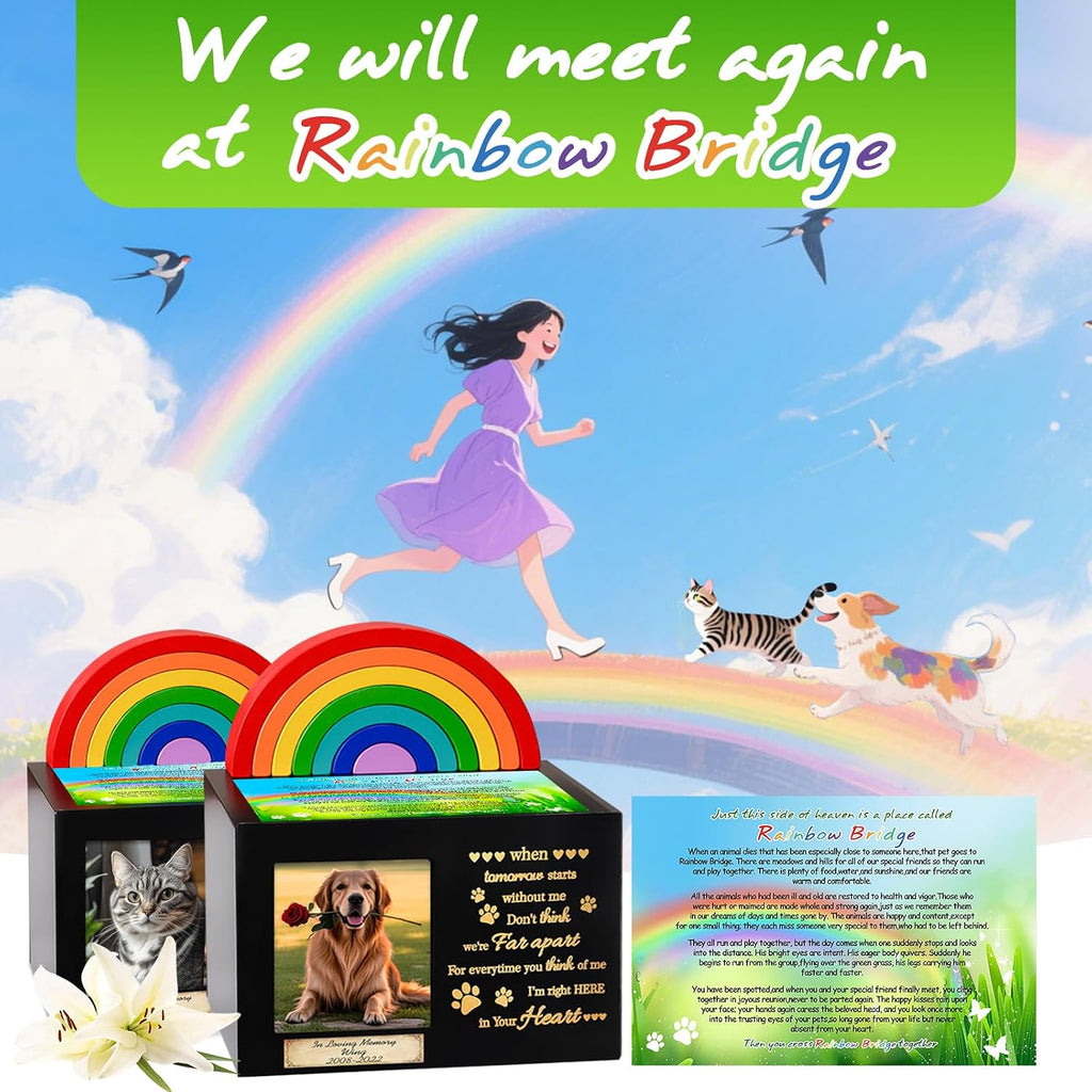 Wooden Rainbow Bridge Keepsakes Pet Urns, Handcrafted Dog/Cat Pet Urn, A Memorial Solemn Set, Pet Ashes Box with Photo Frame, Poem, Personalized Name Tag, ,Flannel Bag ,Pet Sympathy Remembrance Gift