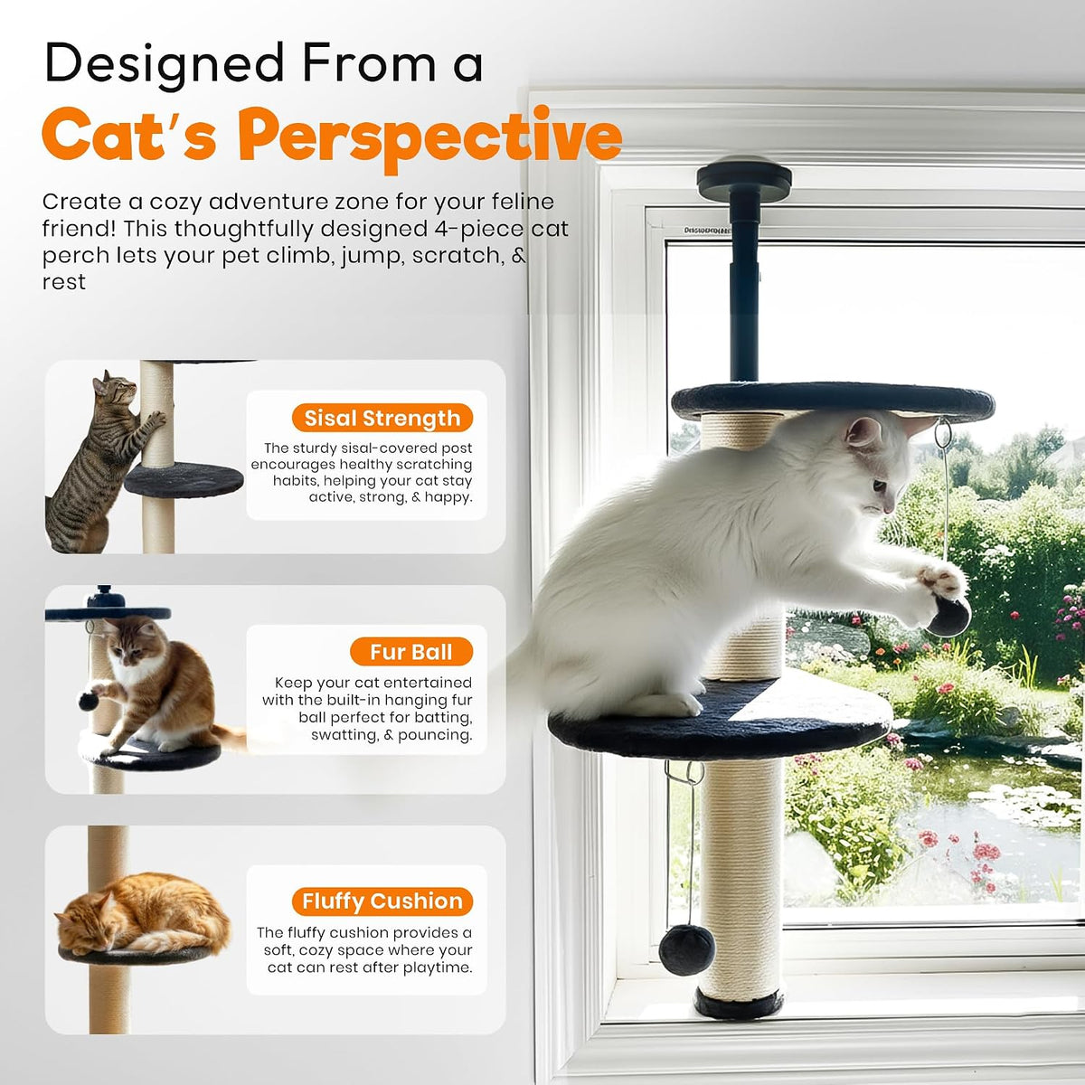 Window Cat Tree & Small Cat Tower (89.5-105.5cm) – Adjustable Cat Window Perch & Shelf for Indoor Cats – Sturdy Window Sill Extender Seat for Large Cats