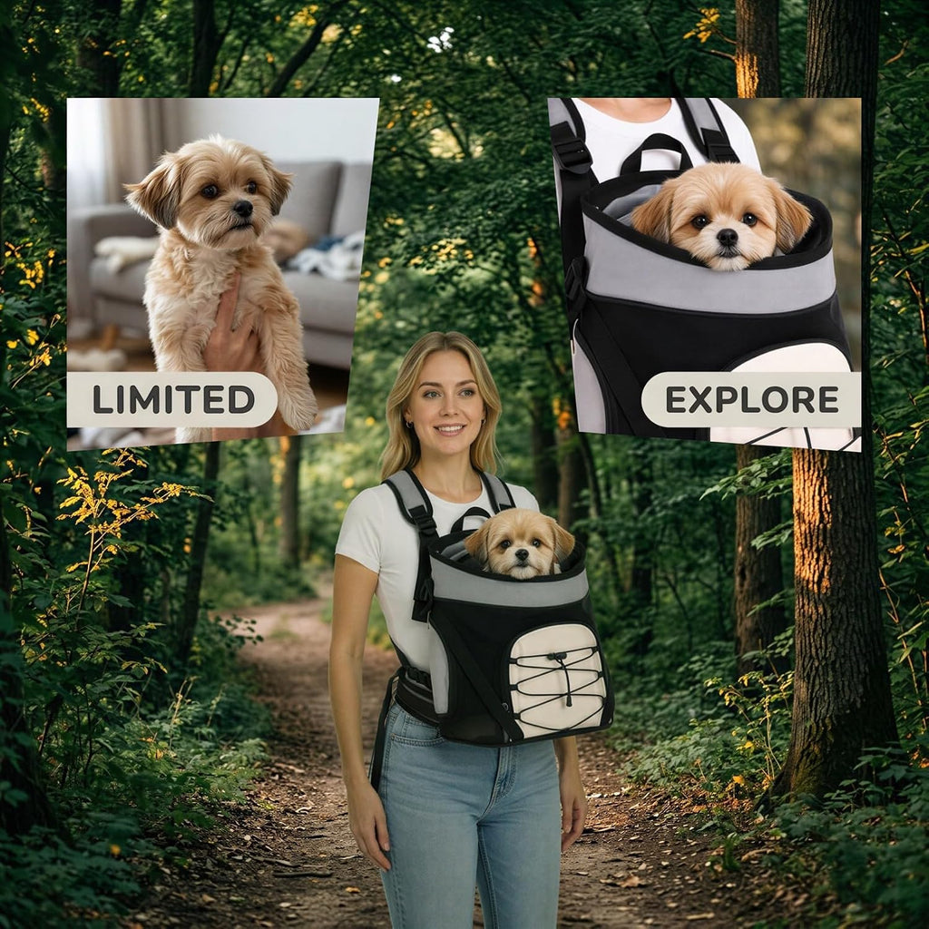 Dog Backpack Carrier, 15.7 x 12.2 x 7.9 in Pet Carrier with Mesh Drawstring Opening, Oxford Cloth Chest Bag with Front Pocket for Small Dogs Cats, Gray Travel Bag for Walking Hiking Vet