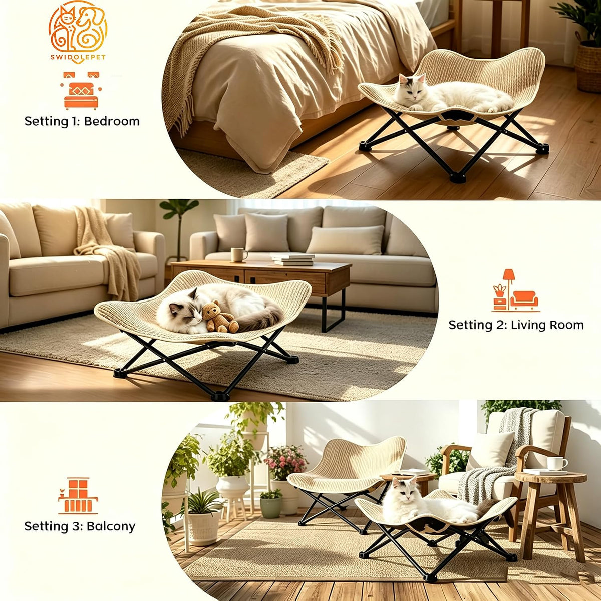 Foldable Cat Hammock Bed, Elevated Sisal Scratching Lounge with Metal Frame