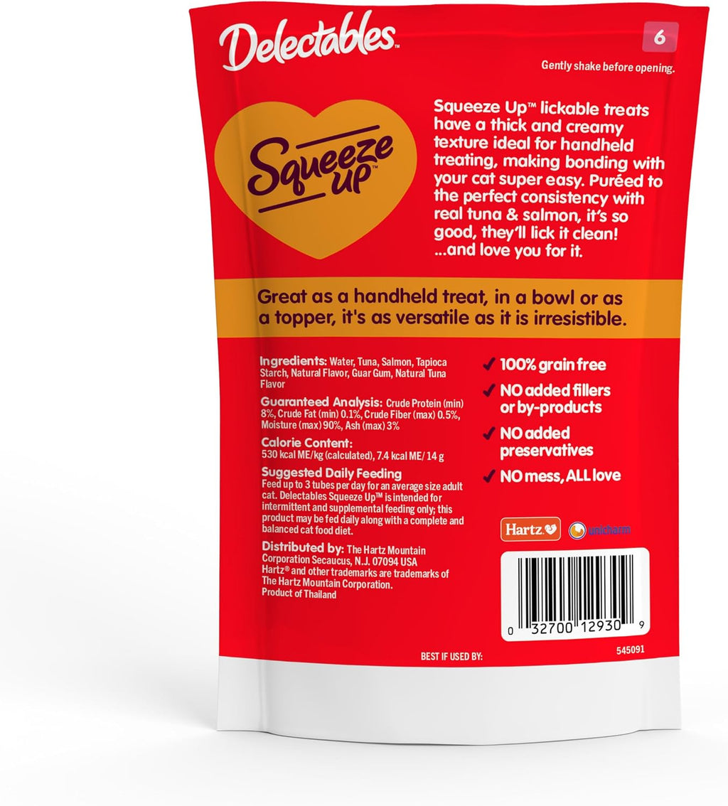 Delectables Squeeze Up Creamy Squeezable Puree, Lickable Wet Cat Treats, Grain Free, No Added Fillers, No By-Products, No Added Preservatives, 0.5 Ounces Tuna & Salmon, 32 Tubes Total