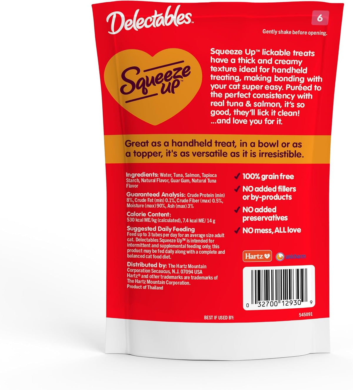 Delectables Squeeze Up Creamy Squeezable Puree, Lickable Wet Cat Treats, Grain Free, No Added Fillers, No By-Products, No Added Preservatives, 0.5 Ounces Tuna & Salmon, 32 Tubes Total