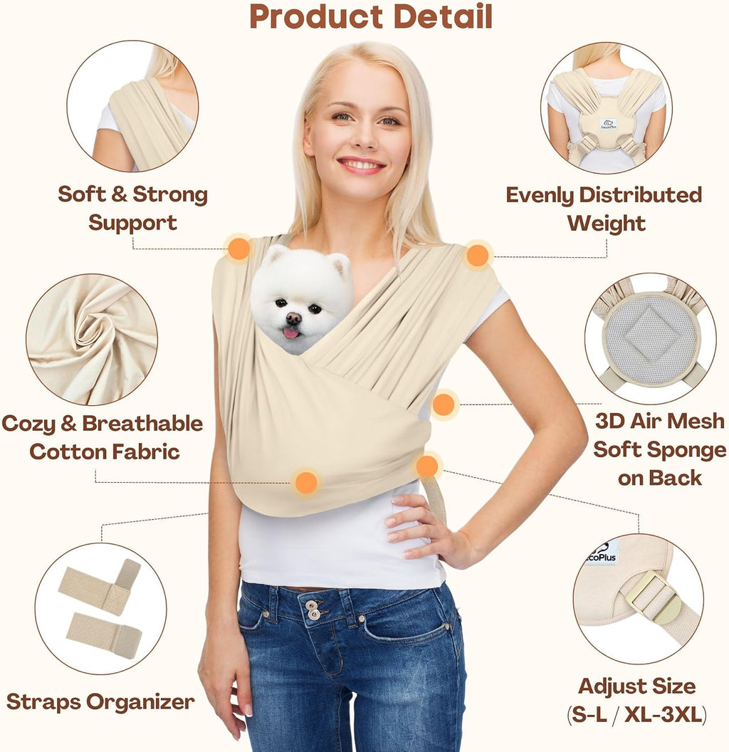 AnccoPlus Small Dog Sling Carrier, Hands-Free, Beige, Regular