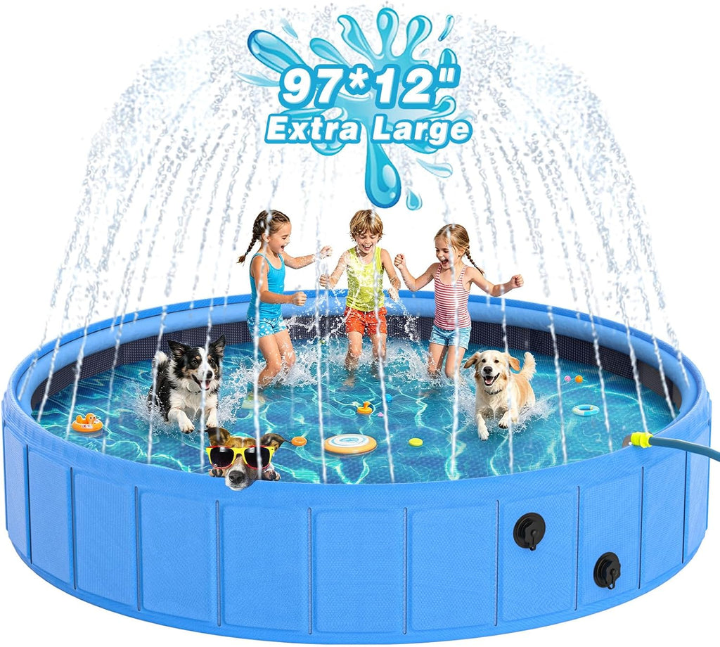 EPN Foldable Dog Pool with Sprinkler, Large Non-Slip PVC Pet Bath, 79 Inch