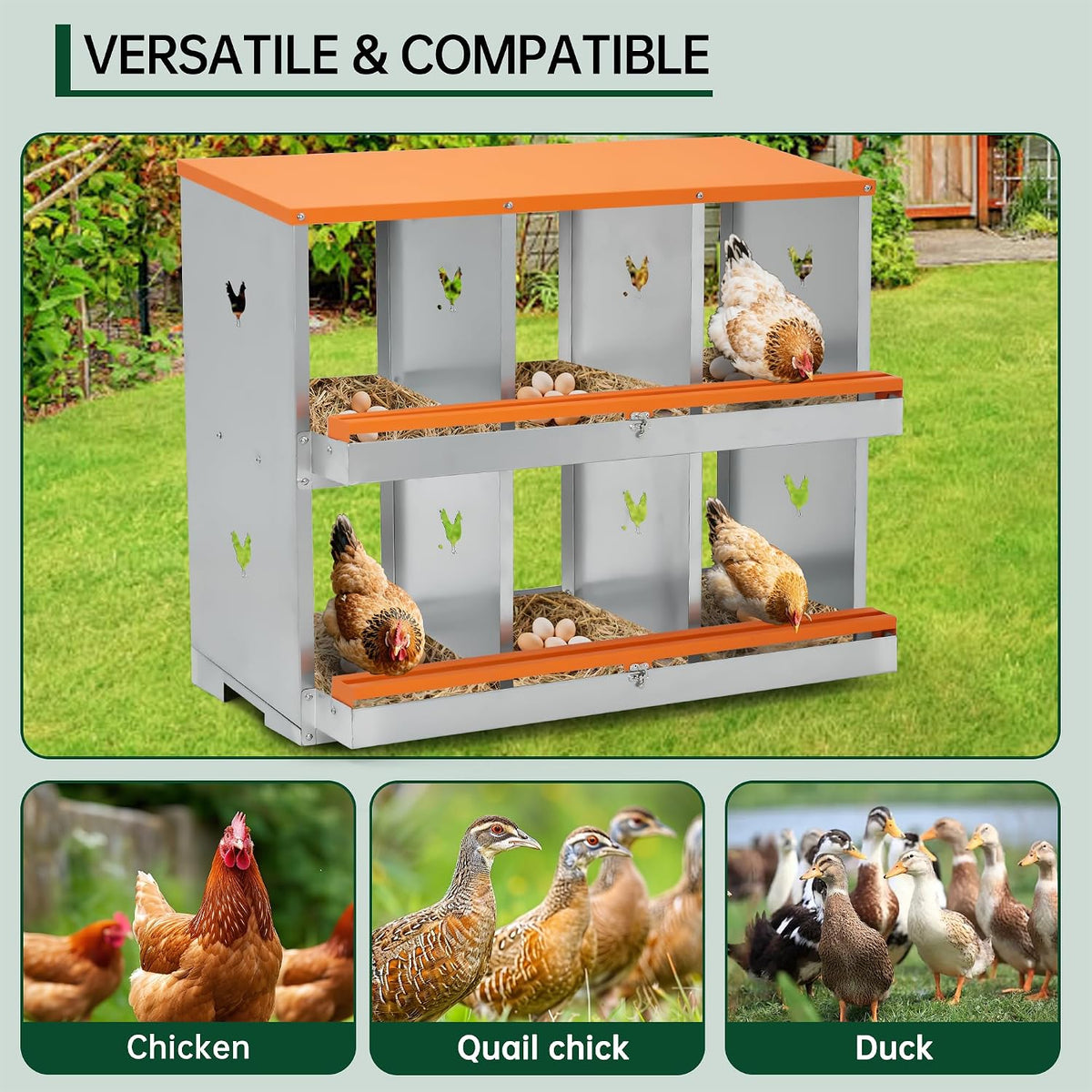 Chicken Nesting Boxes, Two-Tier Metal Chicken Egg Laying Box with 6 Compartments Large Vented Holes Chicken Coop for Egg Collection